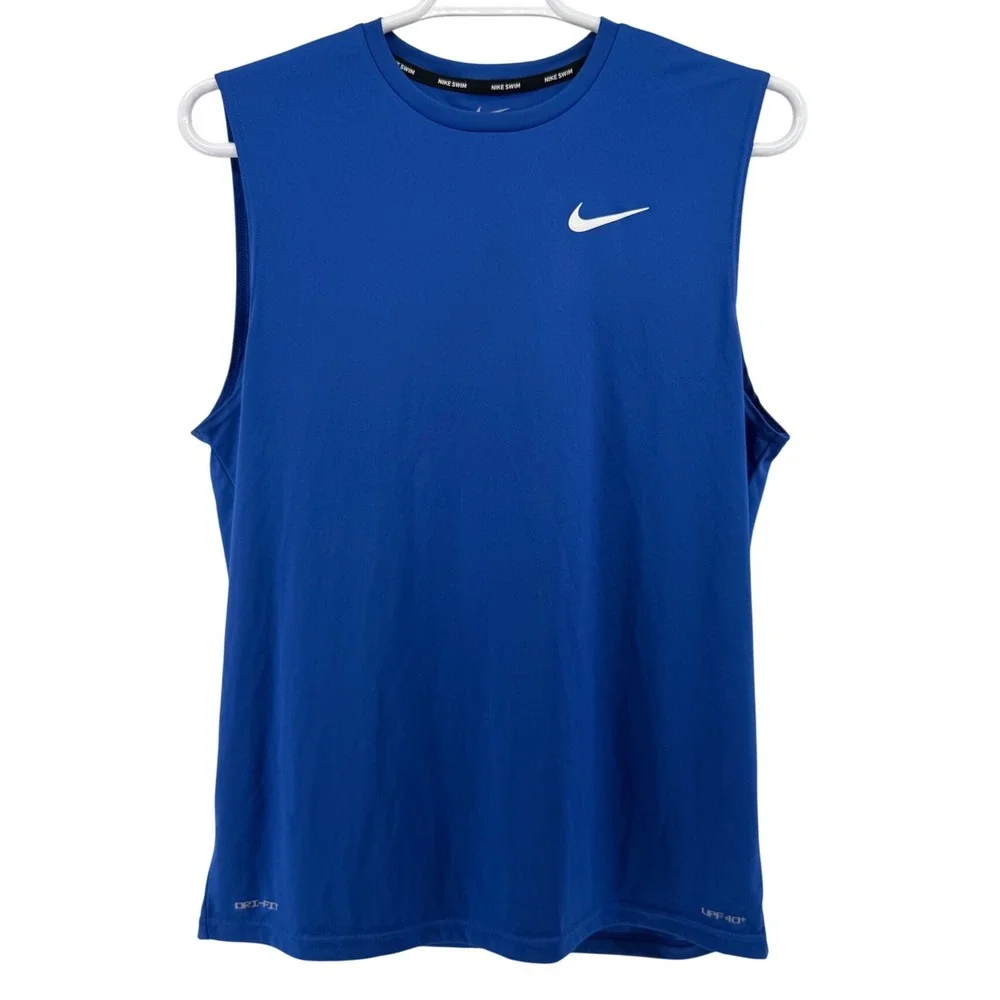 Nike Swim Mens Dri-FIT Sleeveless Rash Guard Blue UPF 40+ Swim Shirt Large